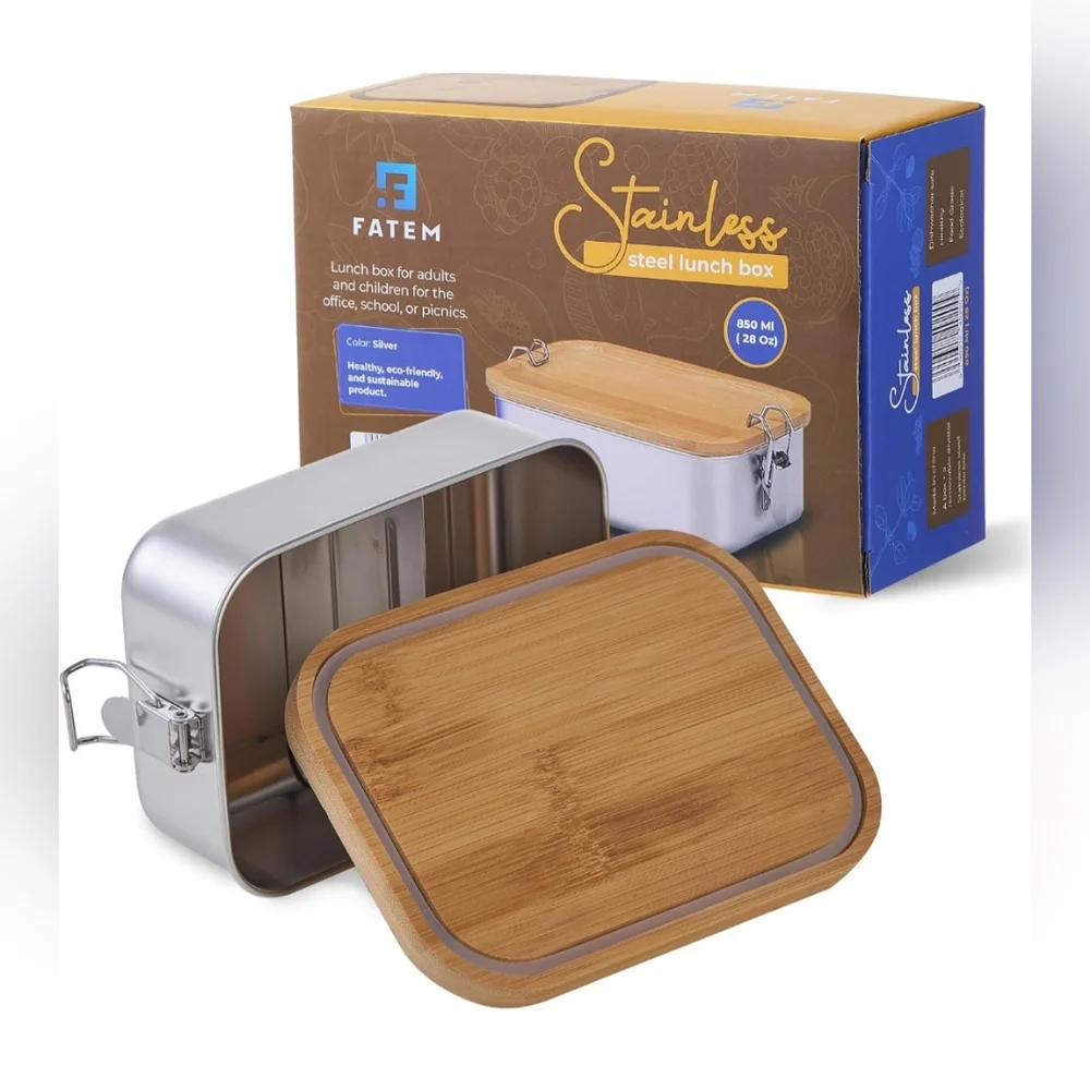 FATEM Stainless Steel Lunch Box with Bamboo Lid - Silver and Natural Wood - Picture 1 of 8